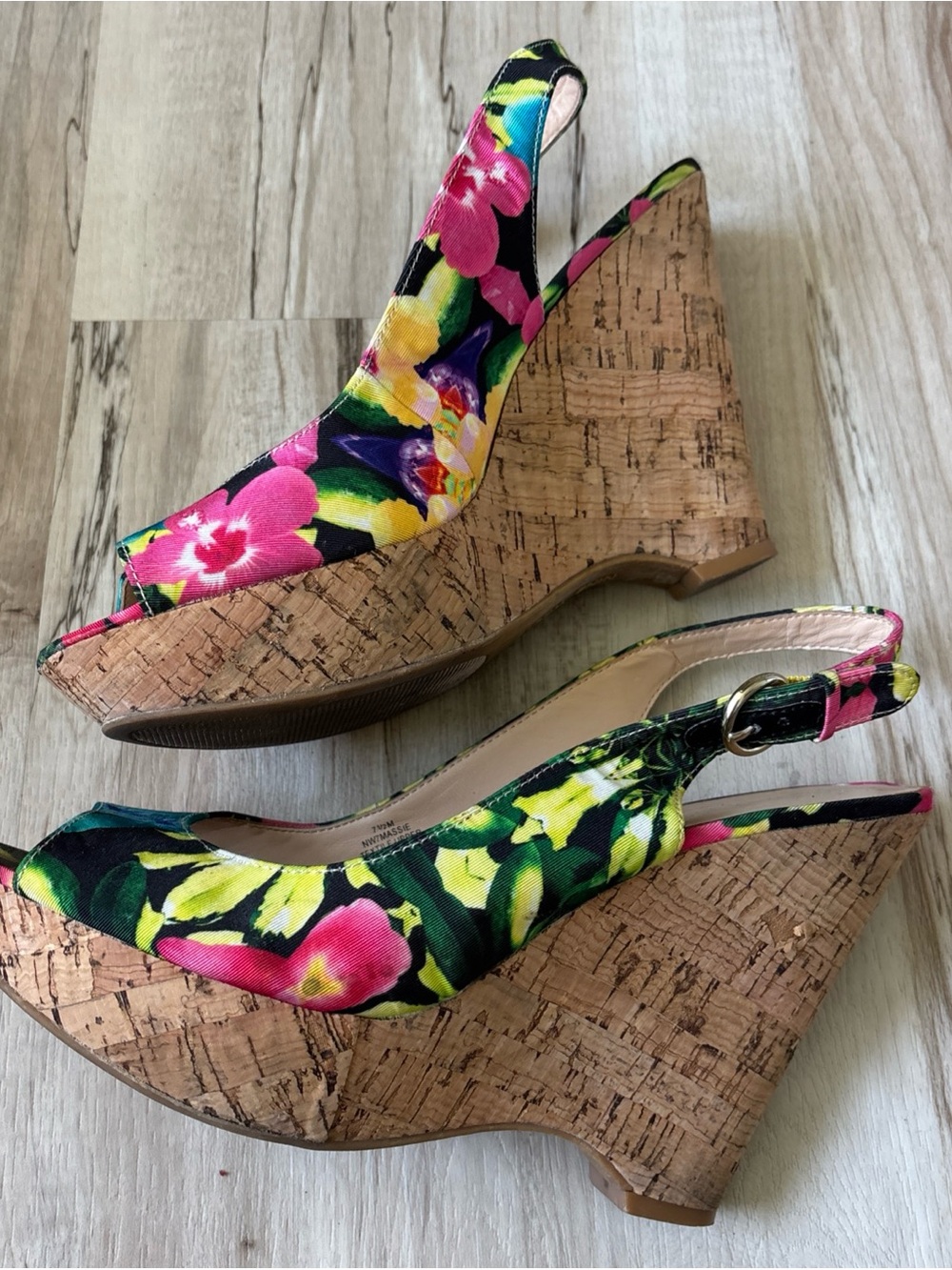 Nine West Floral Cork Slingback Wedge Sandals - Black, Pink, Yellow